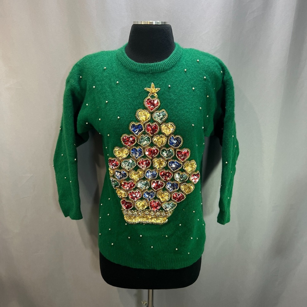 Marisa Christina Sweater Womens L Green Lambswool Beaded Sequin Christmas Tree